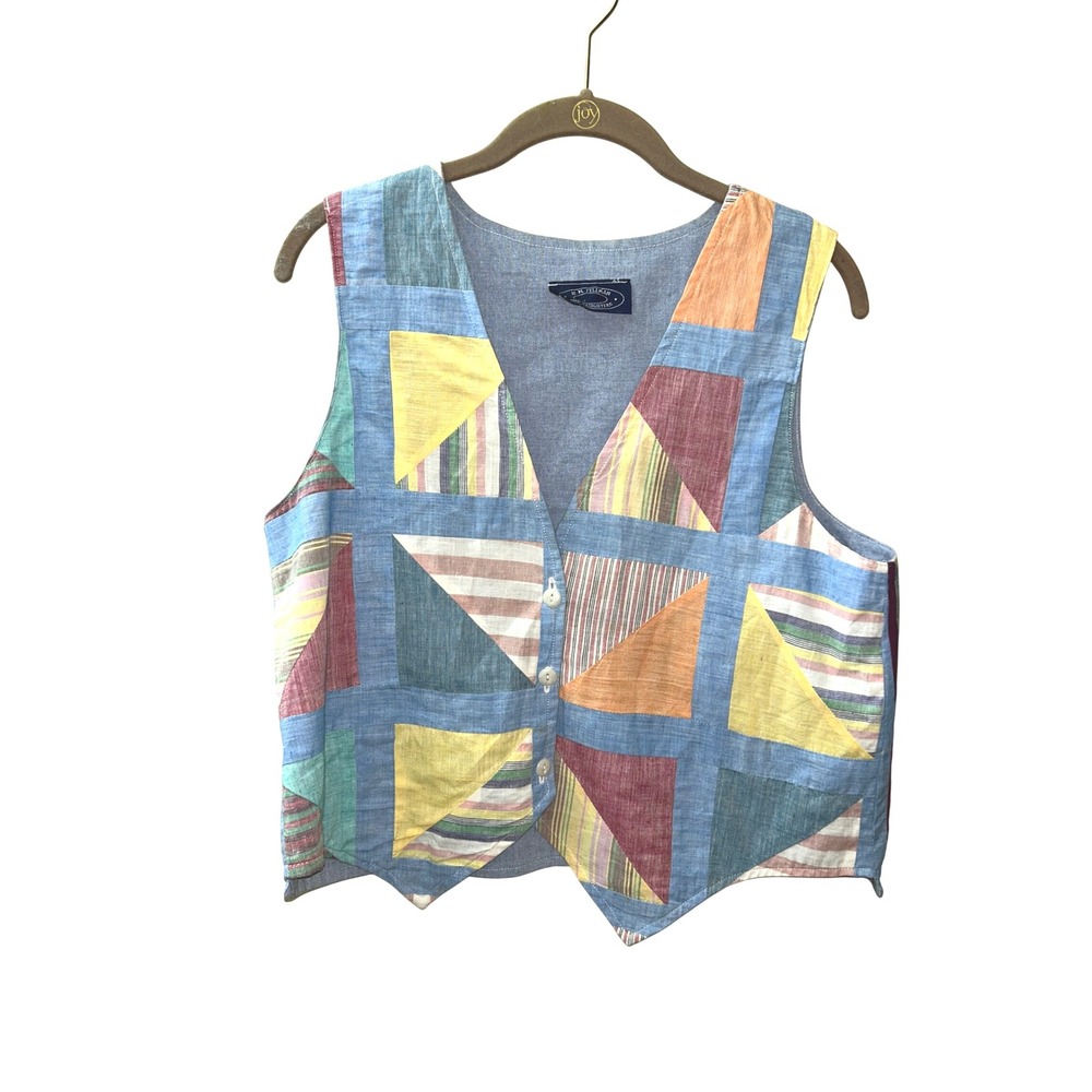 Quilted Patchwork Vest Blue Geometric Bohemian Fe… - image 1